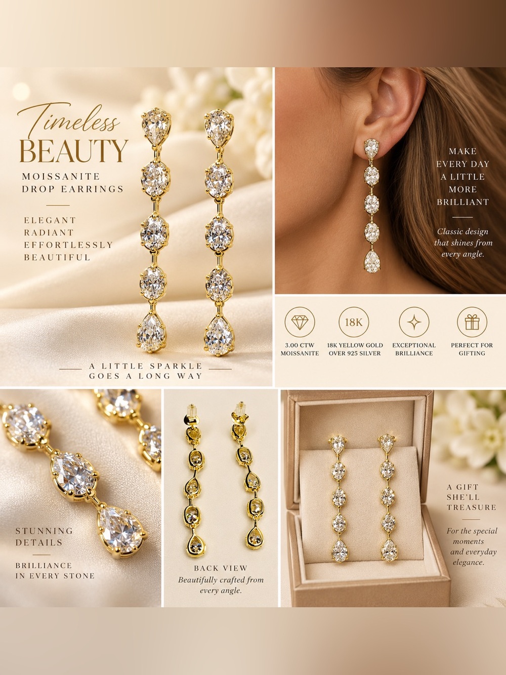 Moissanite Timeless Beauty 18K Gold Drop Earrings 3 c.t.w - Picture 1 of 2